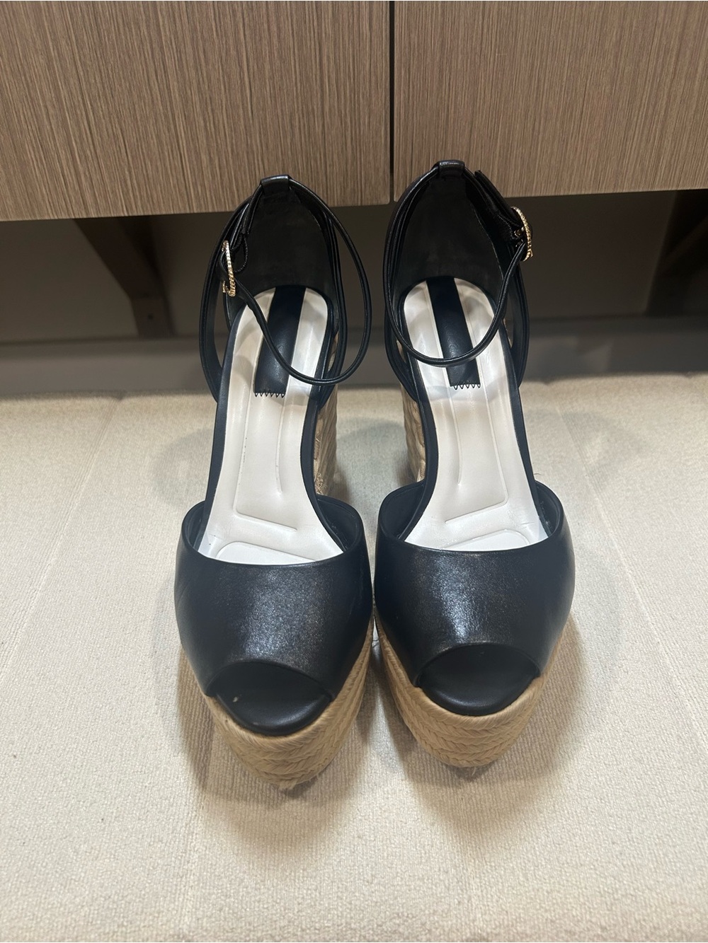 Franco Sarto Black Leather Peep-Toe Espadrille Wedge Sandals